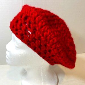 Handmade Red Beret Styled Crocheted Winter Cap Hat